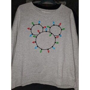 Disney Mickey Mouse Women's Large Sweatshirt Crew Neck Gray Christmas Lights